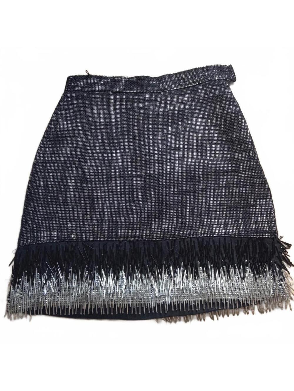 La Perla Black Tweed Mini Skirt Beaded Fringe Spiked Hem Made in Italy IT 42- 6